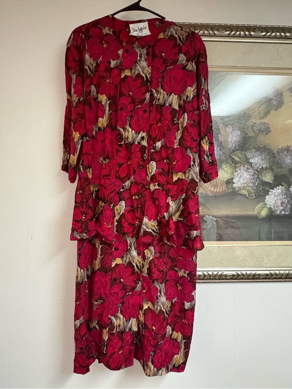 Vintage Dara Jeffries by Linda Hutley Red Floral A-Line Midi Dress